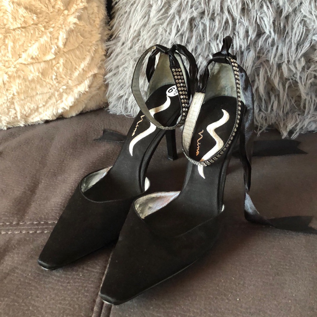 Nina Black Satin Adjustable Ankle Heels Size 6.5
